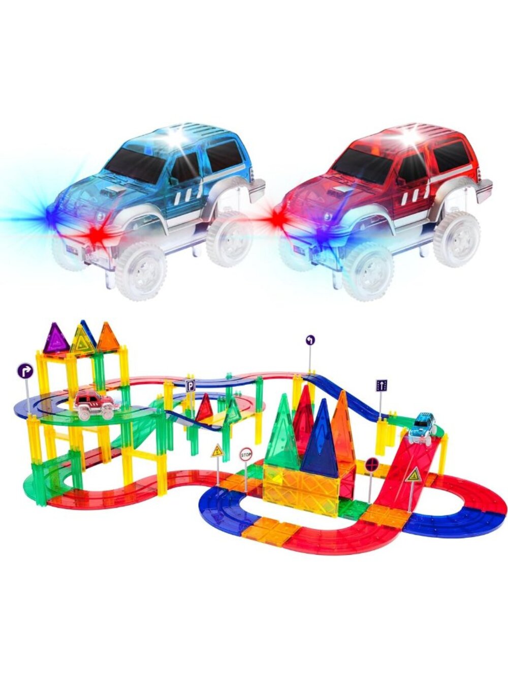80-Piece Magnetic Race Car Track Set | STEM Building Tiles with LED Cars